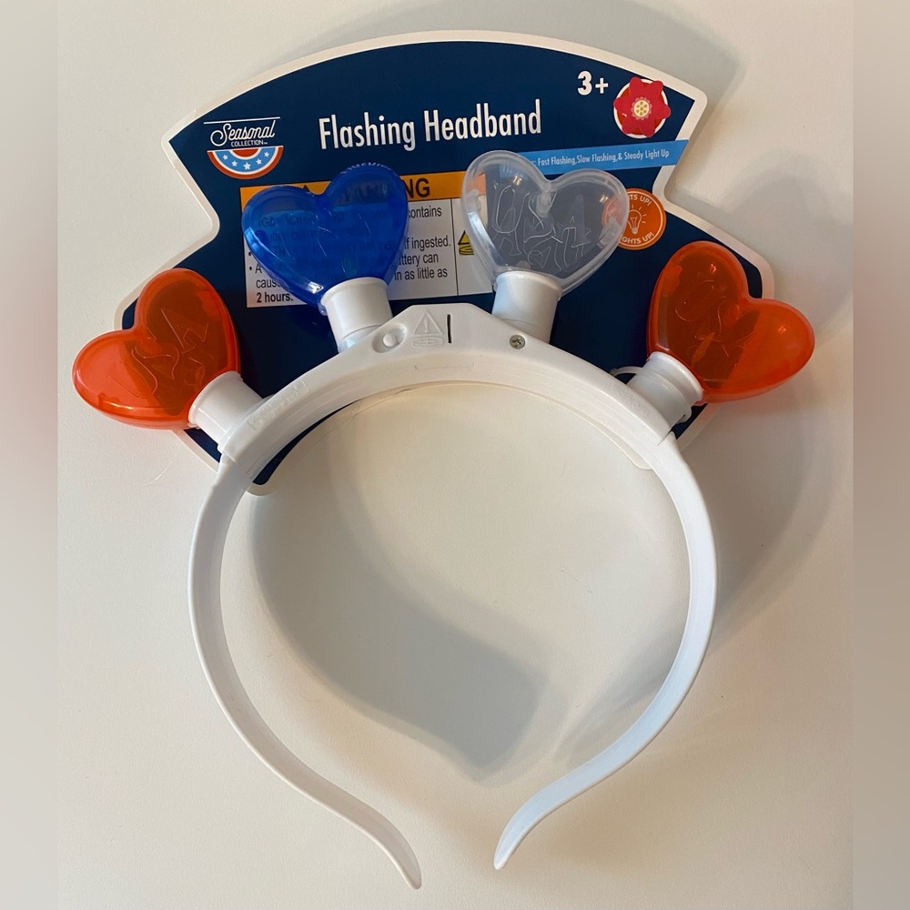 Patriotic Flashing Hearts Headband - Blue, Red, White